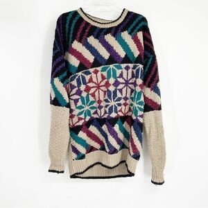 Vintage Northern Isles Hand Knitted Multicolor Geometric Print Sweater Sz Large